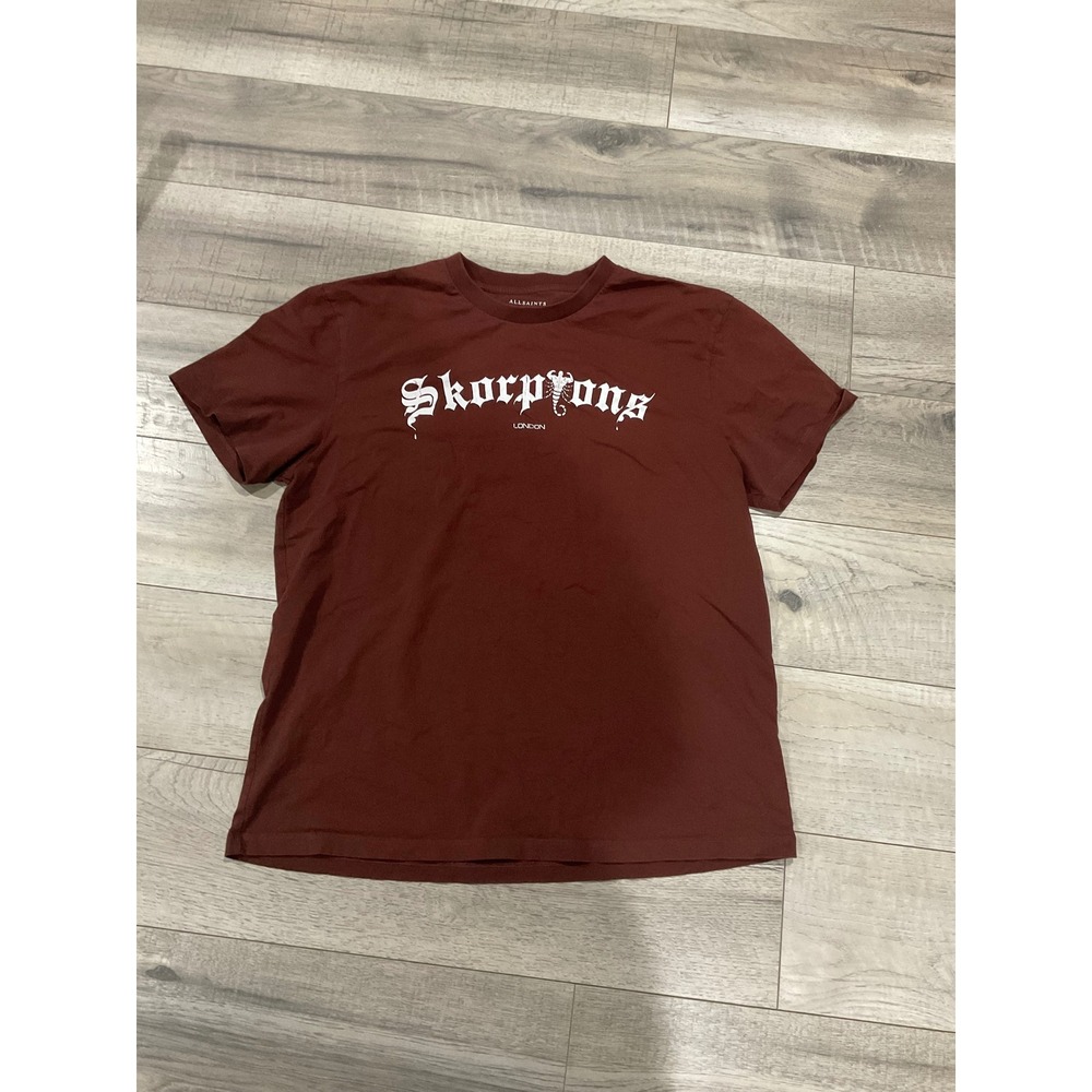 AllSaints Skorpions London Graphic T-Shirt Mens Small Burgundy Relaxed Fit Tee